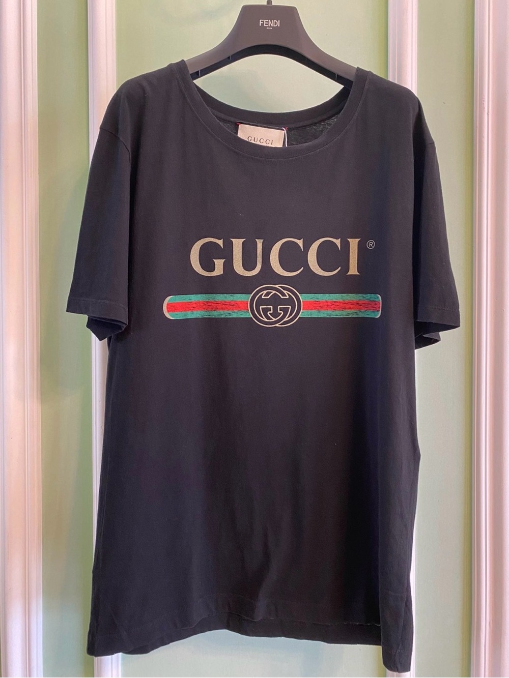 Gucci Black Short-Sleeve Logo Tee with Green-Red Web Stripe